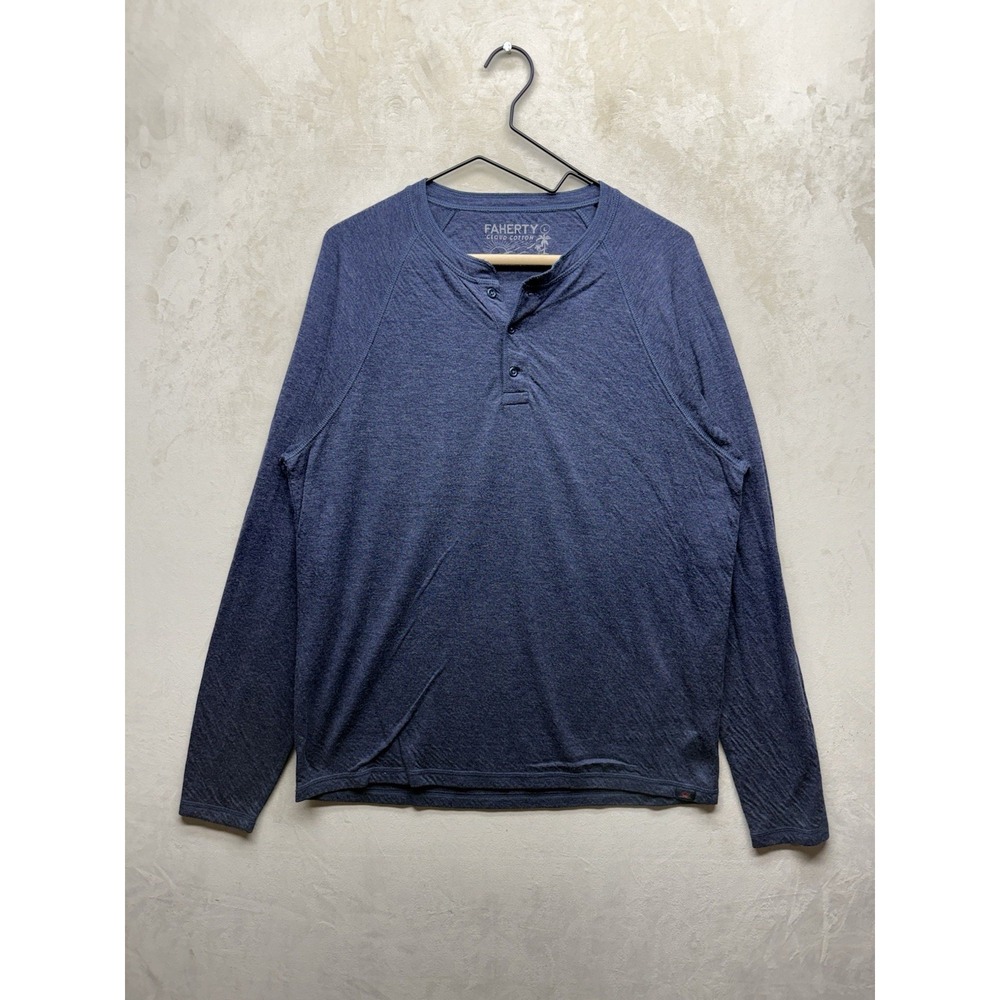 Faherty Mens L Cloud Cotton Henley Navy Blue Pima Cotton Modal Long Sleeve Beach